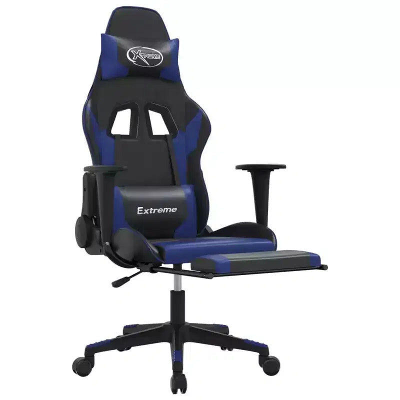 Chaise de gaming avec repose-pieds, noir et bleu, similicuir