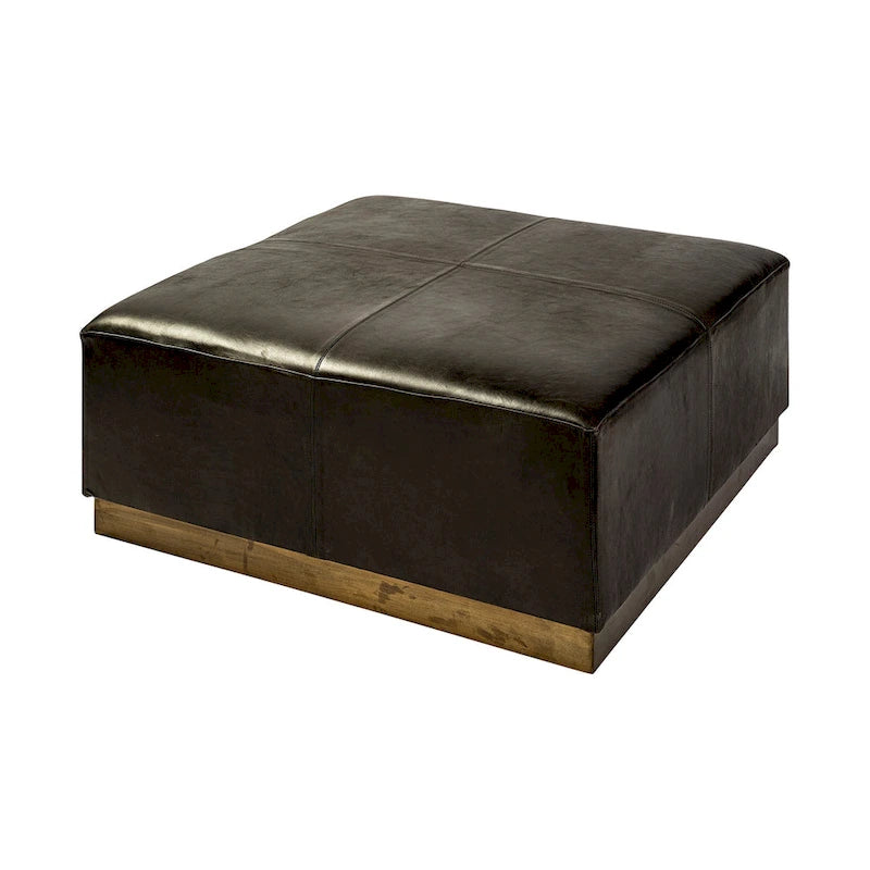 Pouffe carré en cuir véritable noir avec base en métal doré