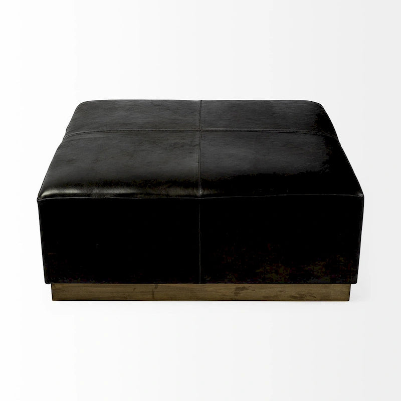 Pouffe carré en cuir véritable noir avec base en métal doré