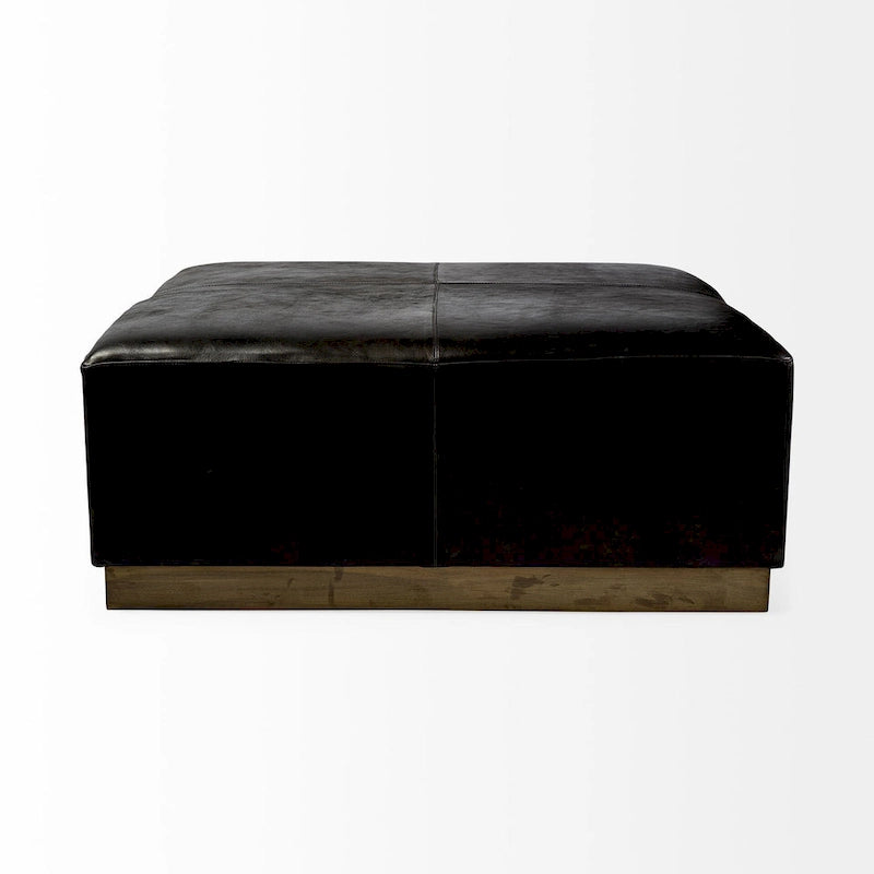 Pouffe carré en cuir véritable noir avec base en métal doré