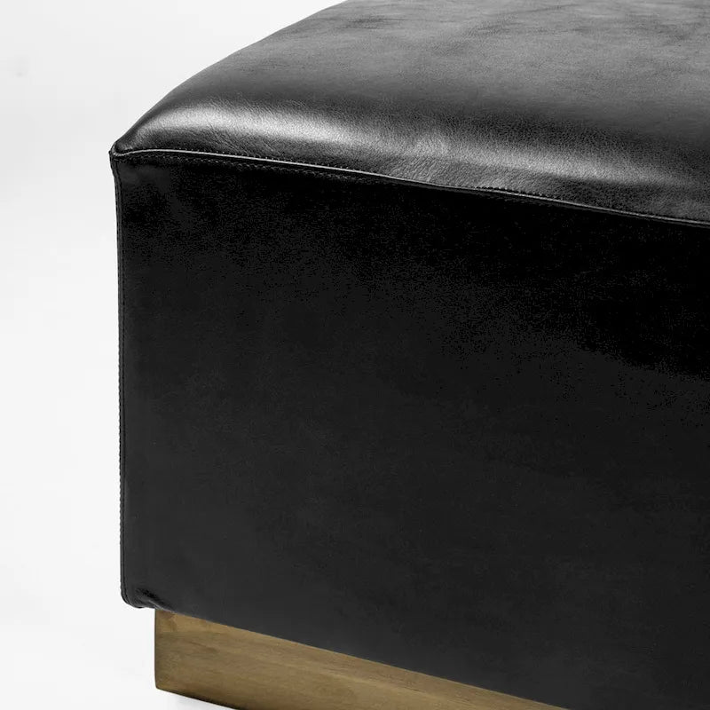 Pouffe carré en cuir véritable noir avec base en métal doré