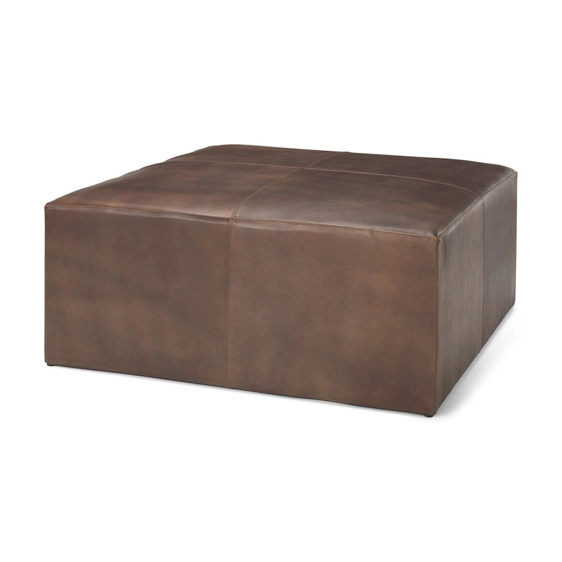 Pouffe carré en cuir véritable noir avec base en métal doré