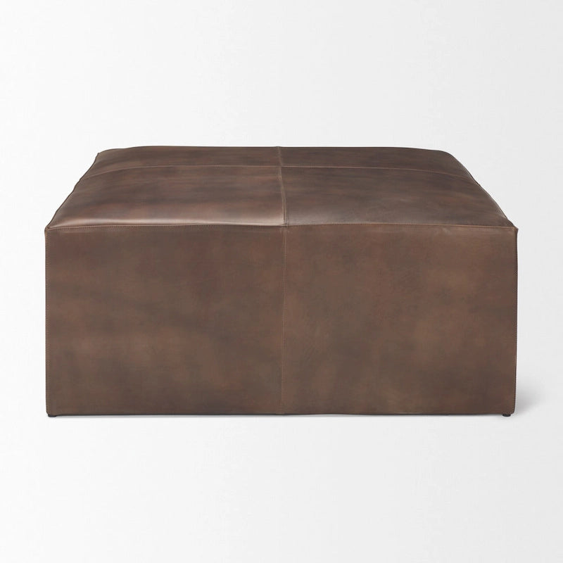Pouffe carré en cuir véritable noir avec base en métal doré