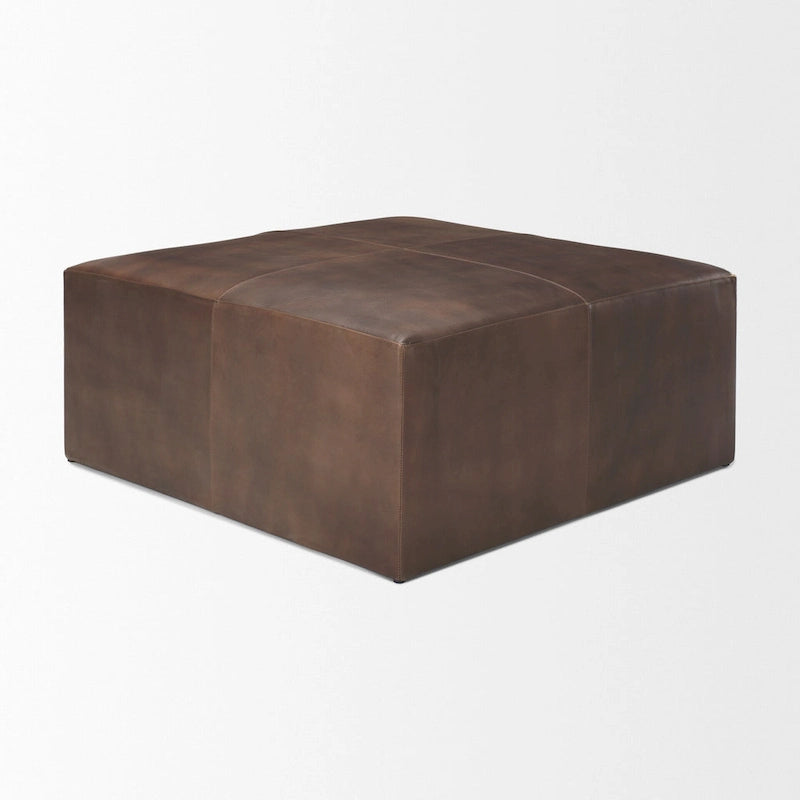 Pouffe carré en cuir véritable noir avec base en métal doré