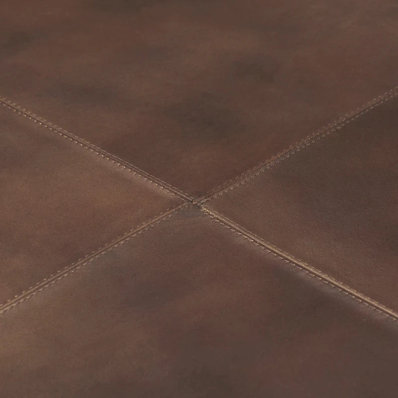 Pouffe carré en cuir véritable noir avec base en métal doré