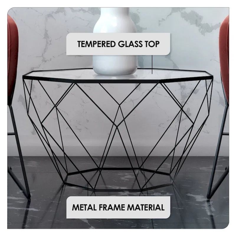 Table basse moderne octogonale avec plateau en verre trempé
