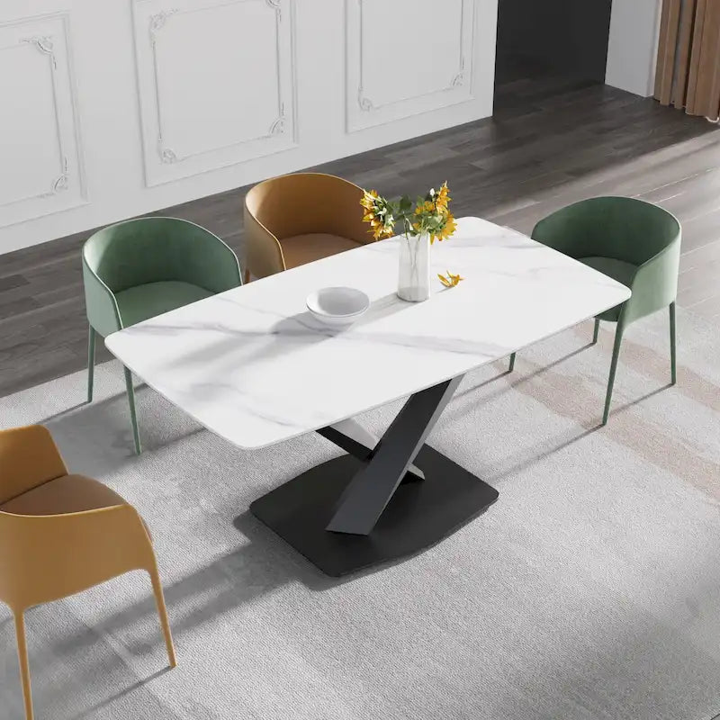 Table à manger moderne avec plateau en pierre d'ardoise et pieds en métal, table à manger en marbre