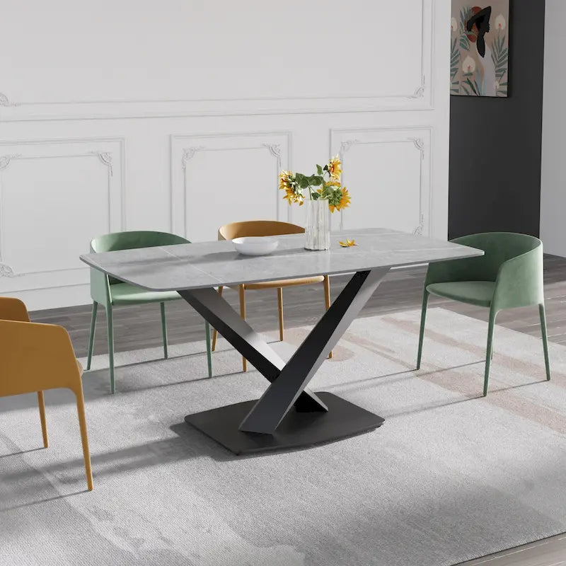 Table à manger moderne avec plateau en pierre d'ardoise et pieds en métal, table à manger en marbre