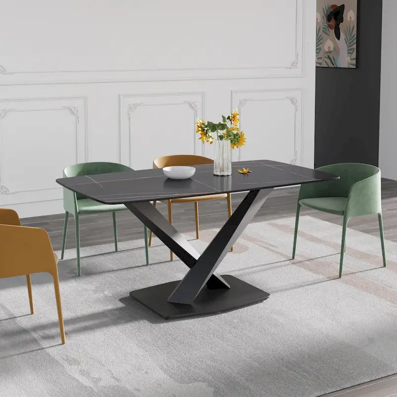 Table à manger moderne avec plateau en pierre d'ardoise et pieds en métal, table à manger en marbre