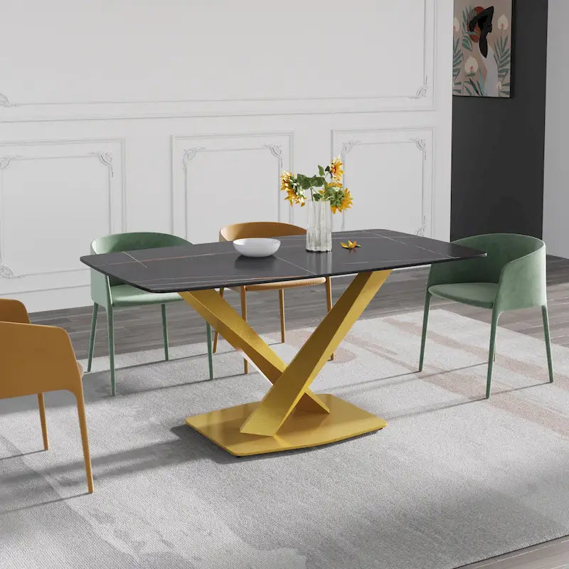 Table à manger moderne avec plateau en pierre d'ardoise et pieds en métal, table à manger en marbre