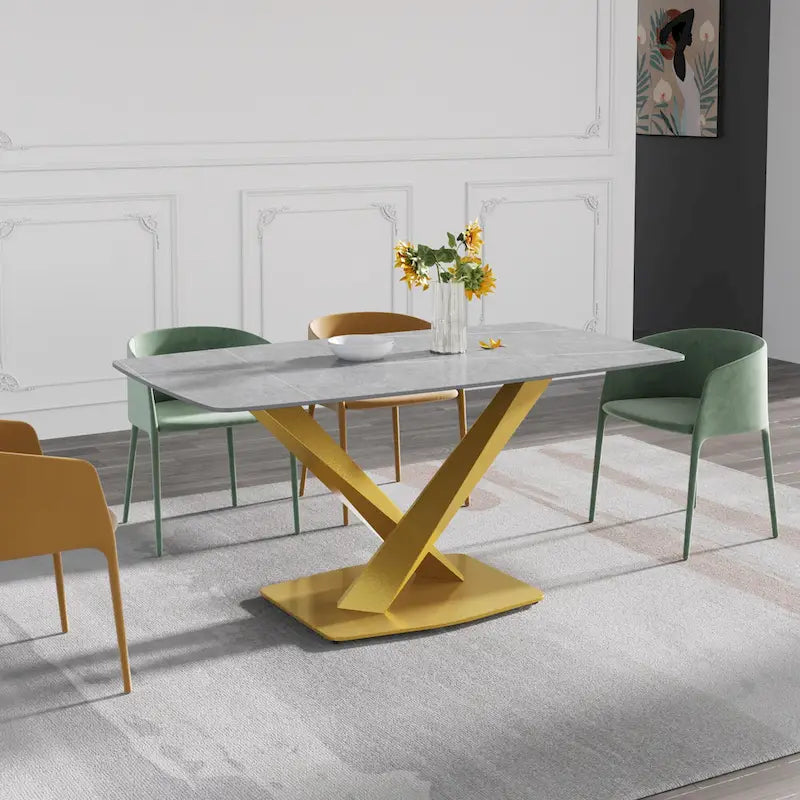 Table à manger moderne avec plateau en pierre d'ardoise et pieds en métal, table à manger en marbre