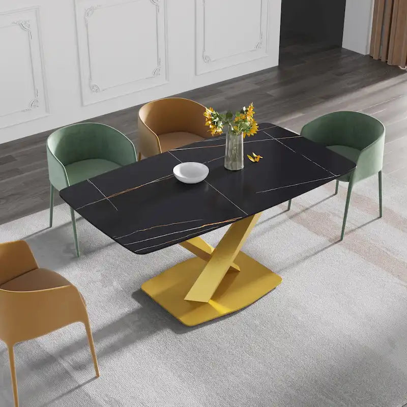 Table à manger moderne avec plateau en pierre d'ardoise et pieds en métal, table à manger en marbre