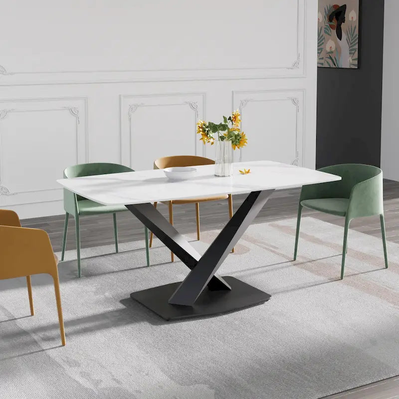 Table à manger moderne avec plateau en pierre d'ardoise et pieds en métal, table à manger en marbre