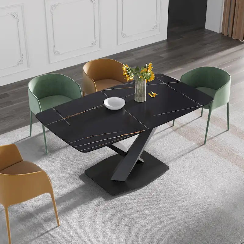 Table à manger moderne avec plateau en pierre d'ardoise et pieds en métal, table à manger en marbre