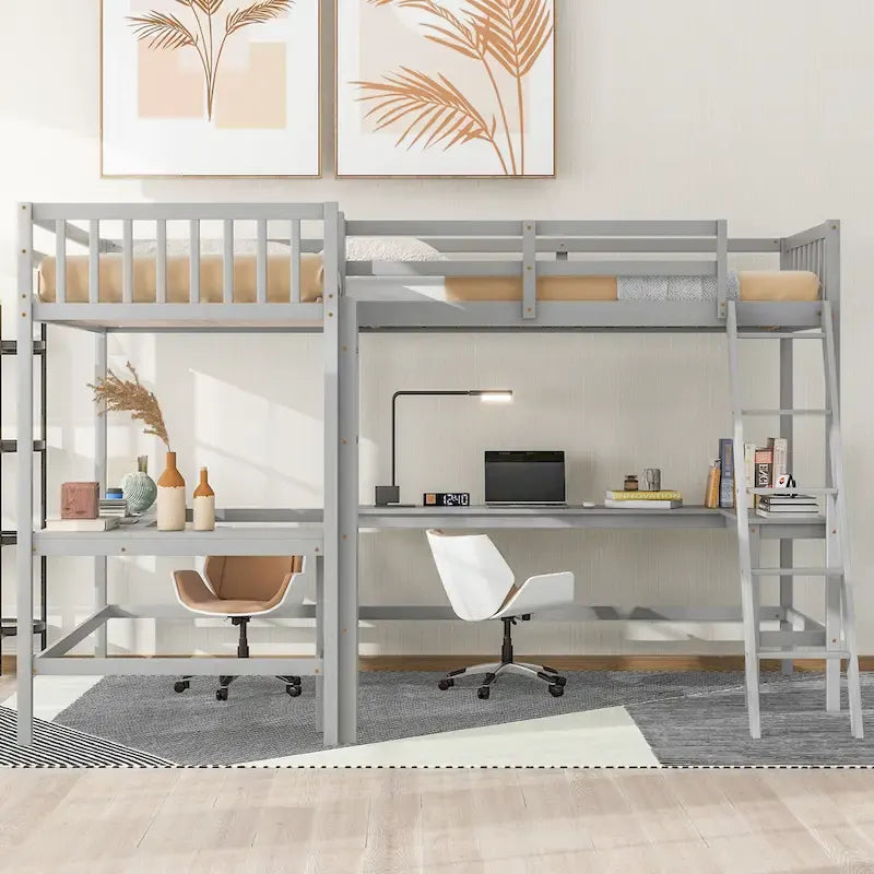 Lit mezzanine en bois en L avec échelle et 2 bureaux intégrés en L