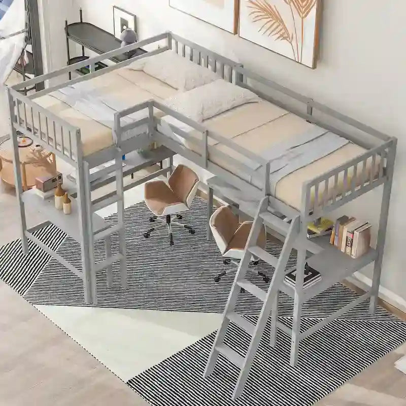 Lit mezzanine en bois en L avec échelle et 2 bureaux intégrés en L