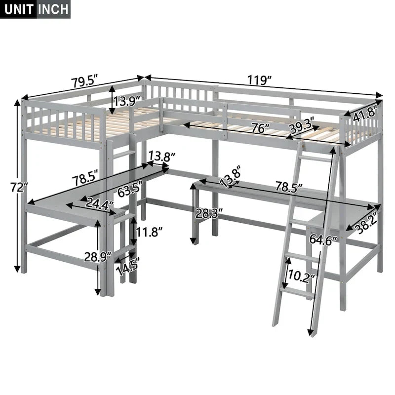 Lit mezzanine en bois en L avec échelle et 2 bureaux intégrés en L