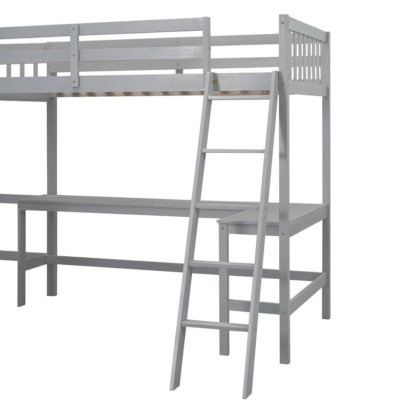 Lit mezzanine en bois en L avec échelle et 2 bureaux intégrés en L