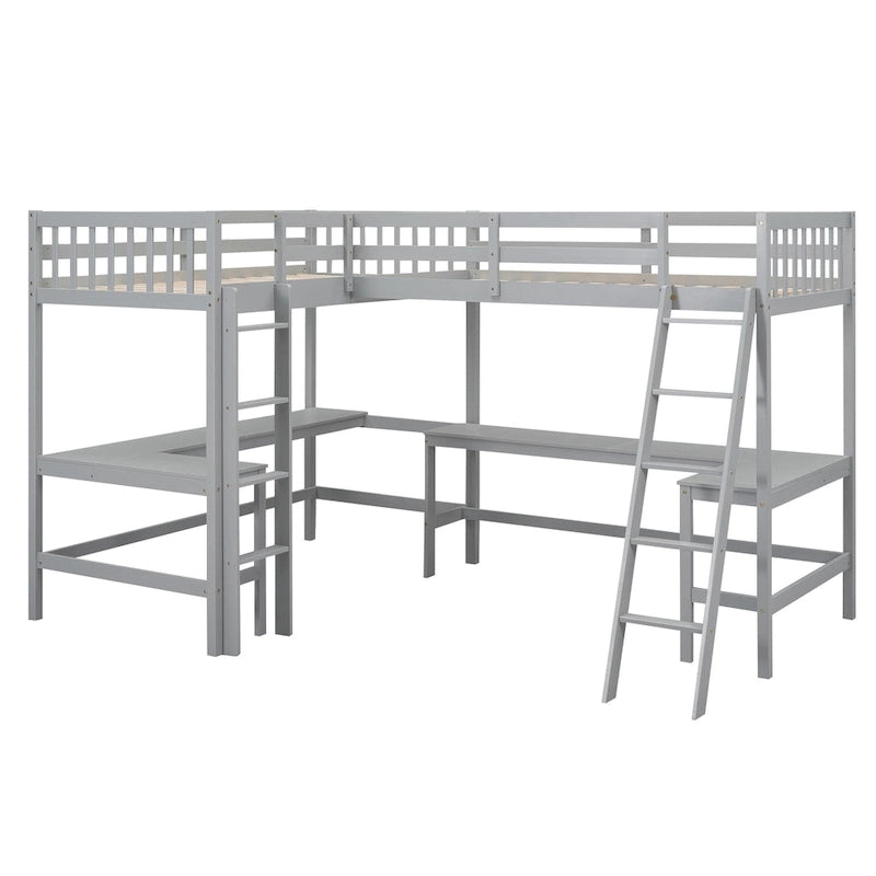 Lit mezzanine en bois en L avec échelle et 2 bureaux intégrés en L