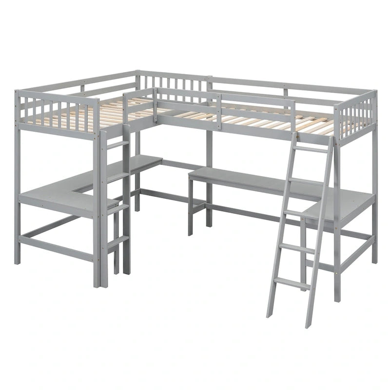 Lit mezzanine en bois en L avec échelle et 2 bureaux intégrés en L