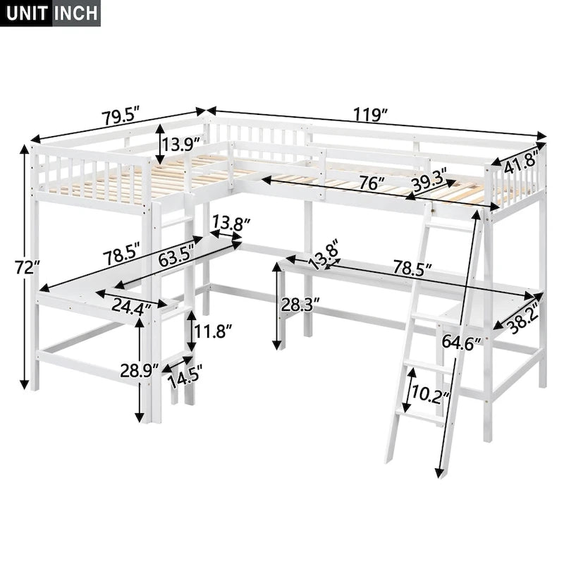 Lit mezzanine en bois en L avec échelle et 2 bureaux intégrés en L