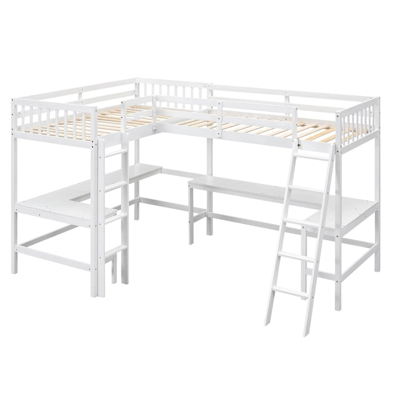 Lit mezzanine en bois en L avec échelle et 2 bureaux intégrés en L