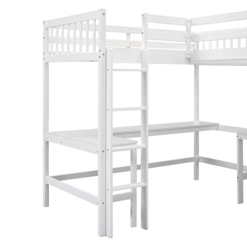 Lit mezzanine en bois en L avec échelle et 2 bureaux intégrés en L