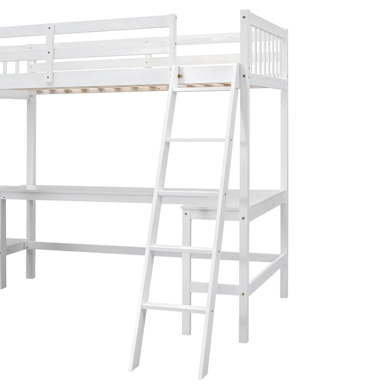 Lit mezzanine en bois en L avec échelle et 2 bureaux intégrés en L