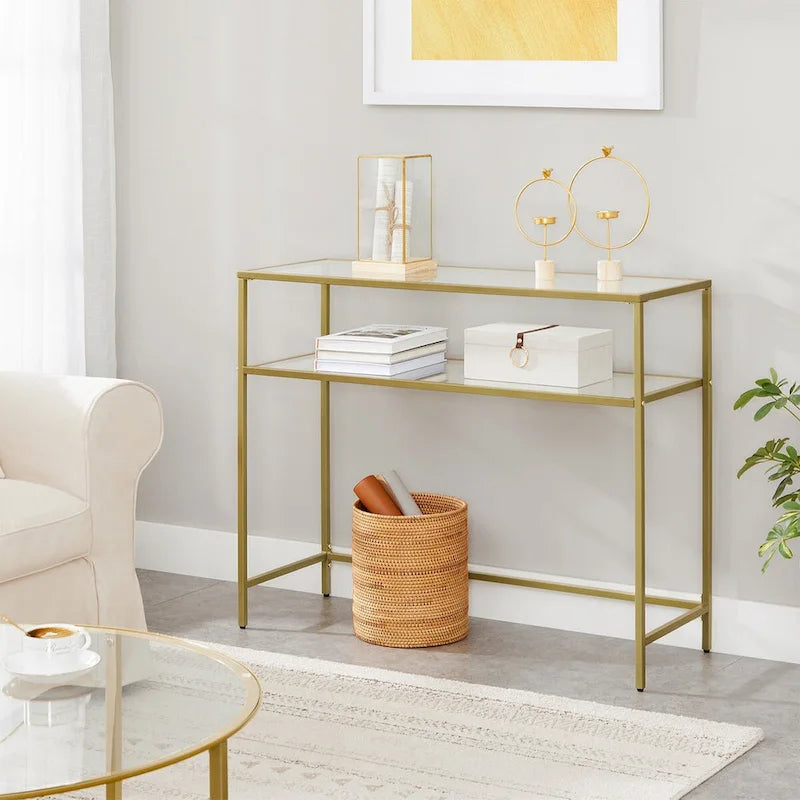 Console en Verre Trempé Doré avec Piétement Métallique