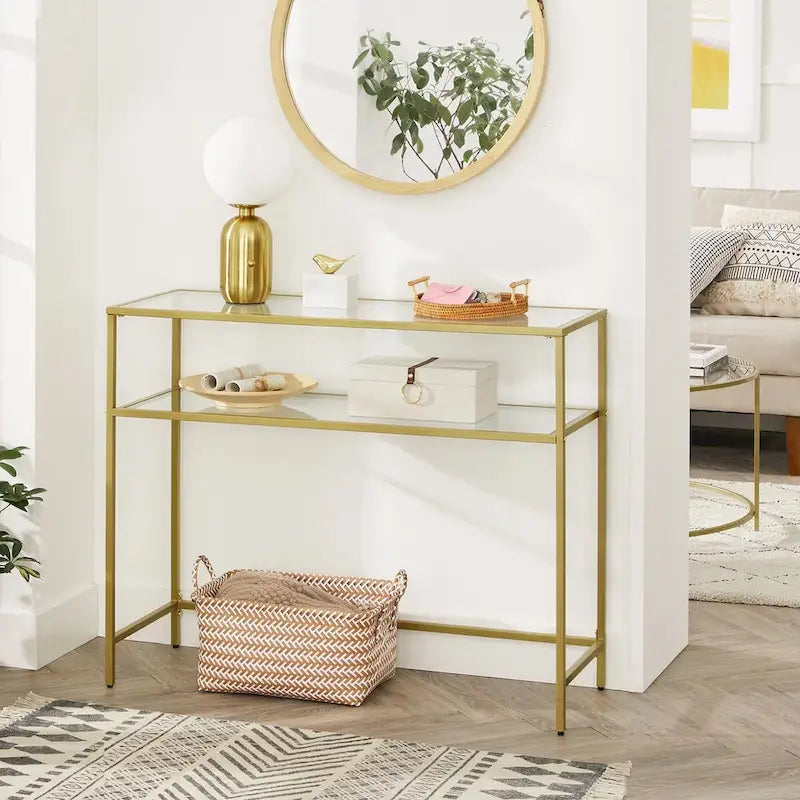 Console en Verre Trempé Doré avec Piétement Métallique