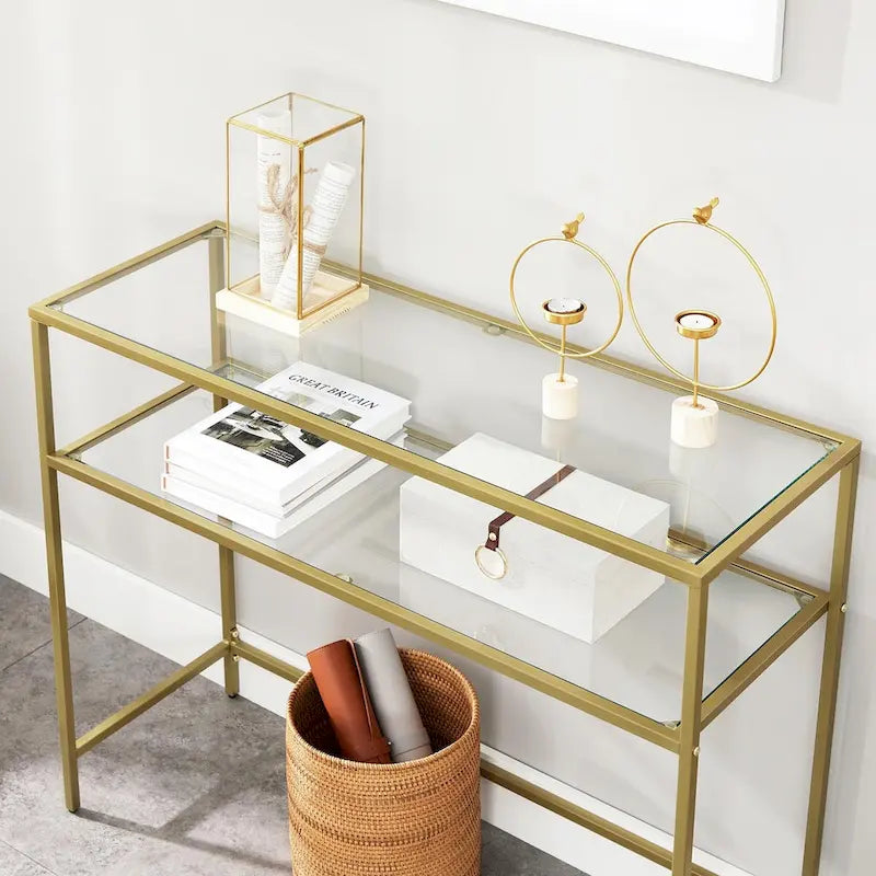 Console en Verre Trempé Doré avec Piétement Métallique