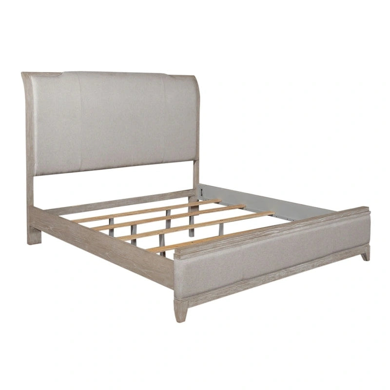 Lit tapissier King taupe délavé et champagne argenté