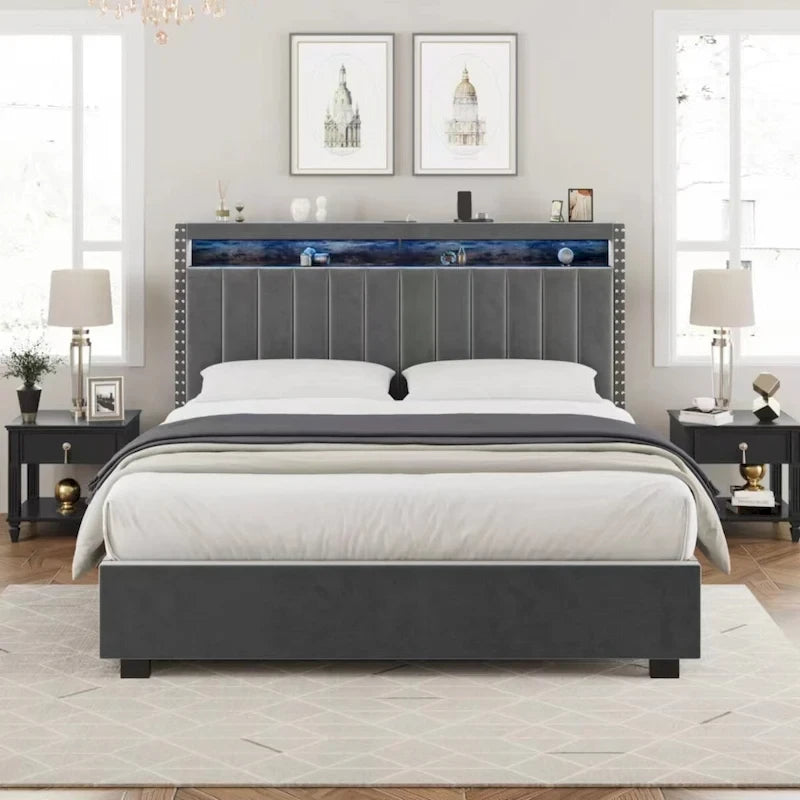 Lit de rangement relevable avec lumières LED RF et tissu velours