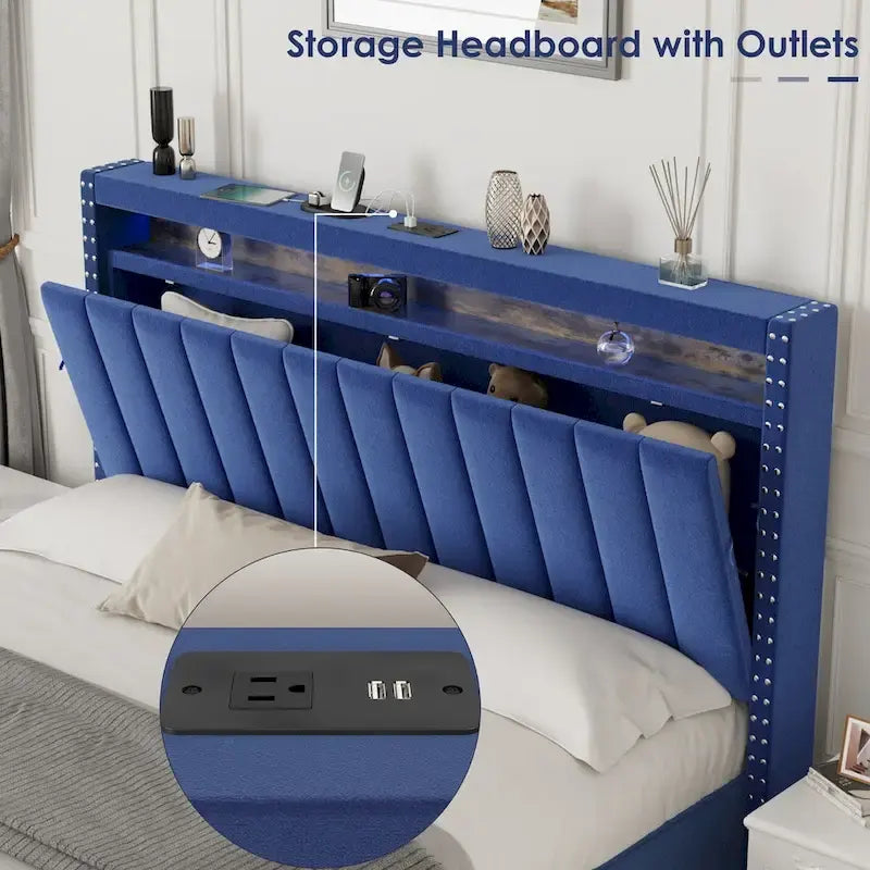 Lit de rangement relevable avec lumières LED RF et tissu velours