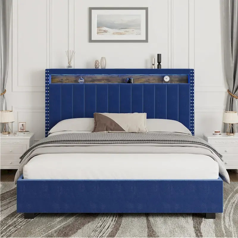 Lit de rangement relevable avec lumières LED RF et tissu velours