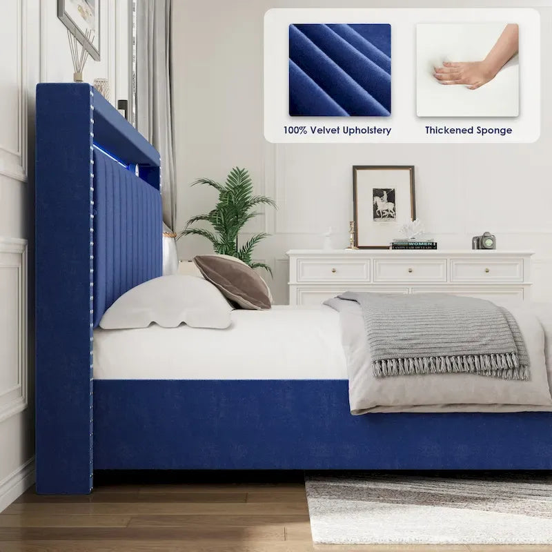 Lit de rangement relevable avec lumières LED RF et tissu velours