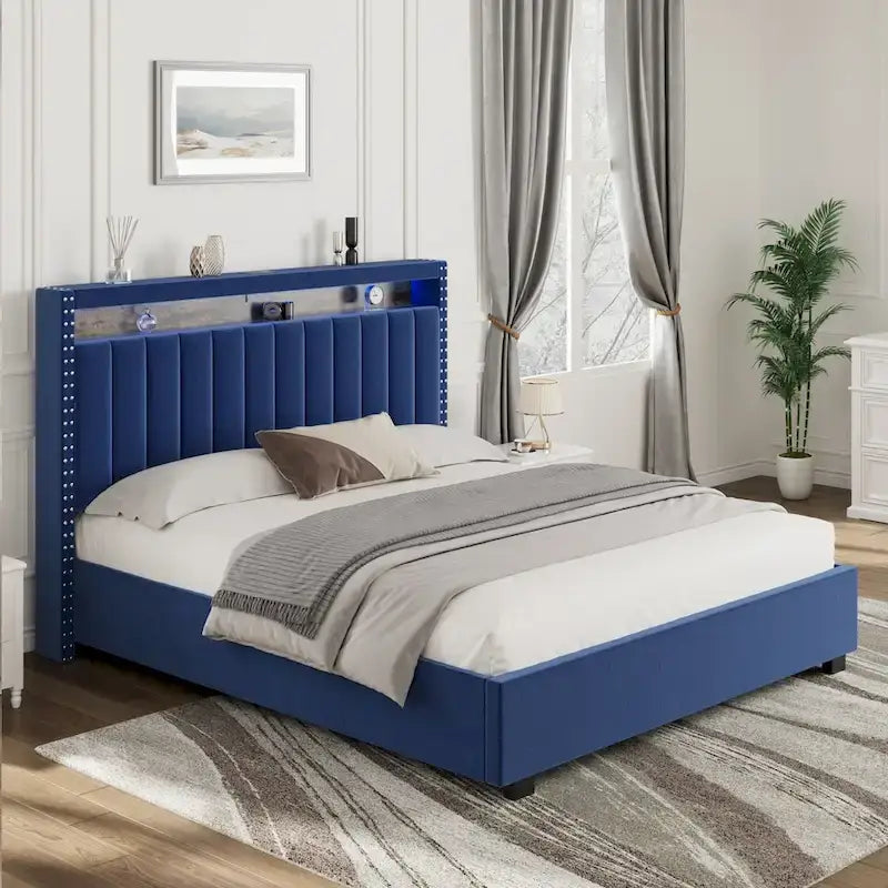 Lit de rangement relevable avec lumières LED RF et tissu velours