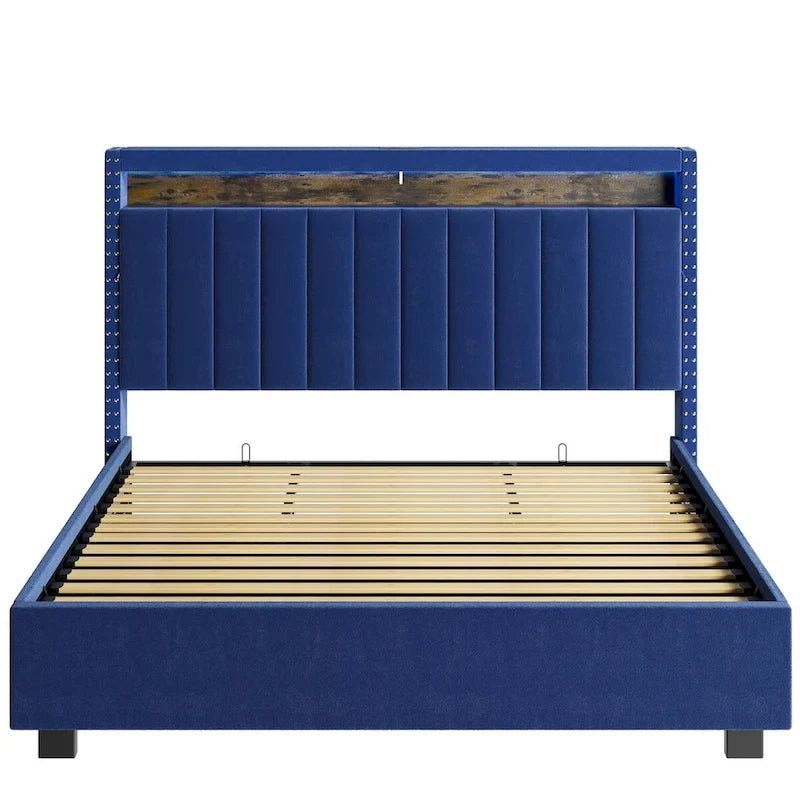 Lit de rangement relevable avec lumières LED RF et tissu velours