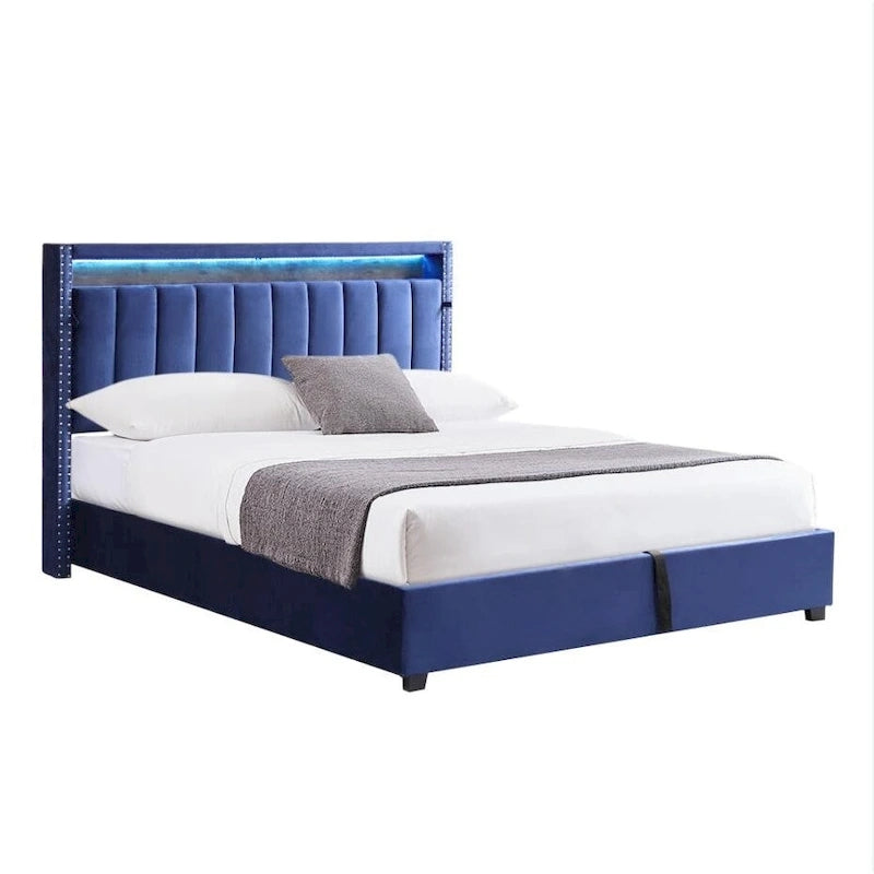 Lit de rangement relevable avec lumières LED RF et tissu velours