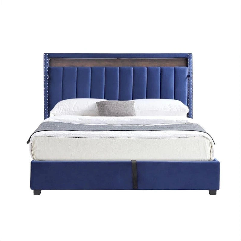 Lit de rangement relevable avec lumières LED RF et tissu velours