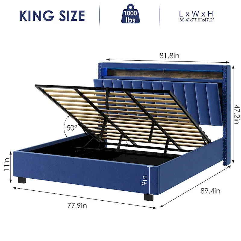 Lit de rangement relevable avec lumières LED RF et tissu velours