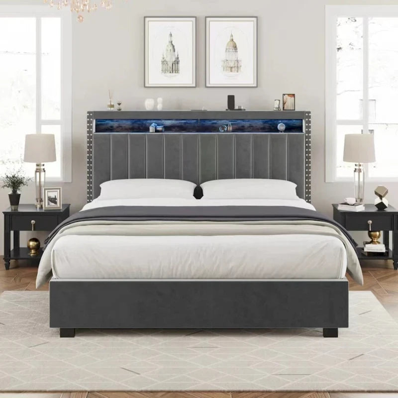 Lit de rangement relevable avec lumières LED RF et tissu velours