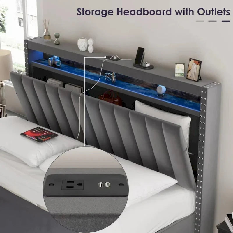 Lit de rangement relevable avec lumières LED RF et tissu velours
