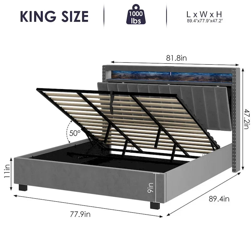 Lit de rangement relevable avec lumières LED RF et tissu velours