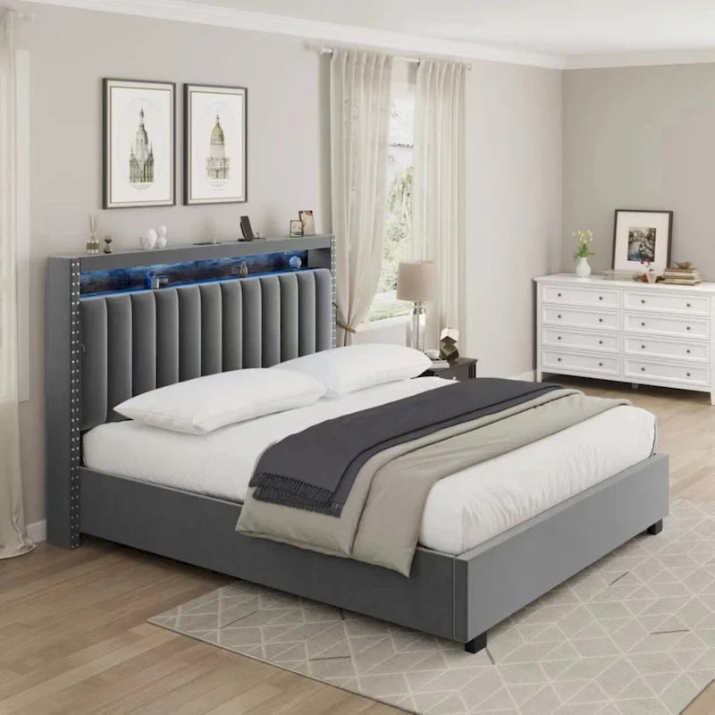 Lit de rangement relevable avec lumières LED RF et tissu velours
