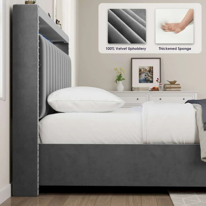 Lit de rangement relevable avec lumières LED RF et tissu velours