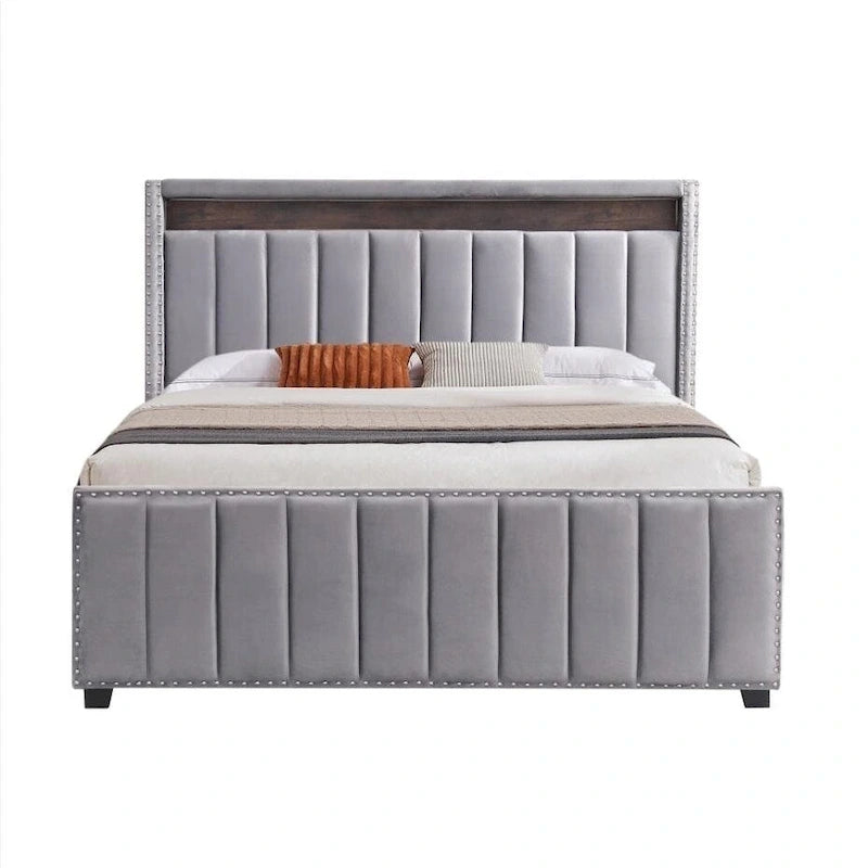 Lit de rangement relevable avec lumières LED RF et tissu velours