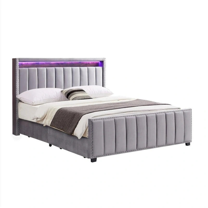 Lit de rangement relevable avec lumières LED RF et tissu velours