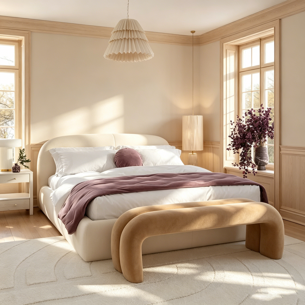 Lit King Size en velours texturé crème