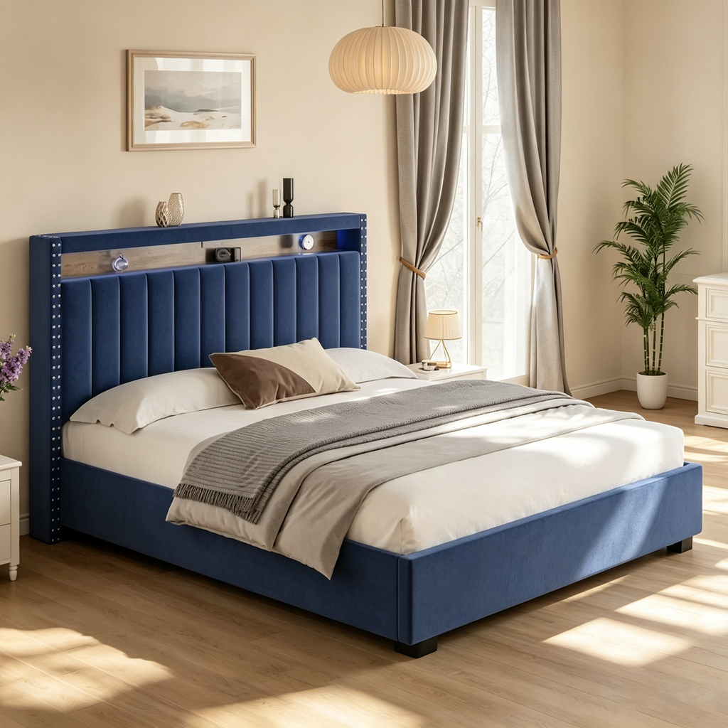Lit de rangement relevable avec lumières LED RF et tissu velours